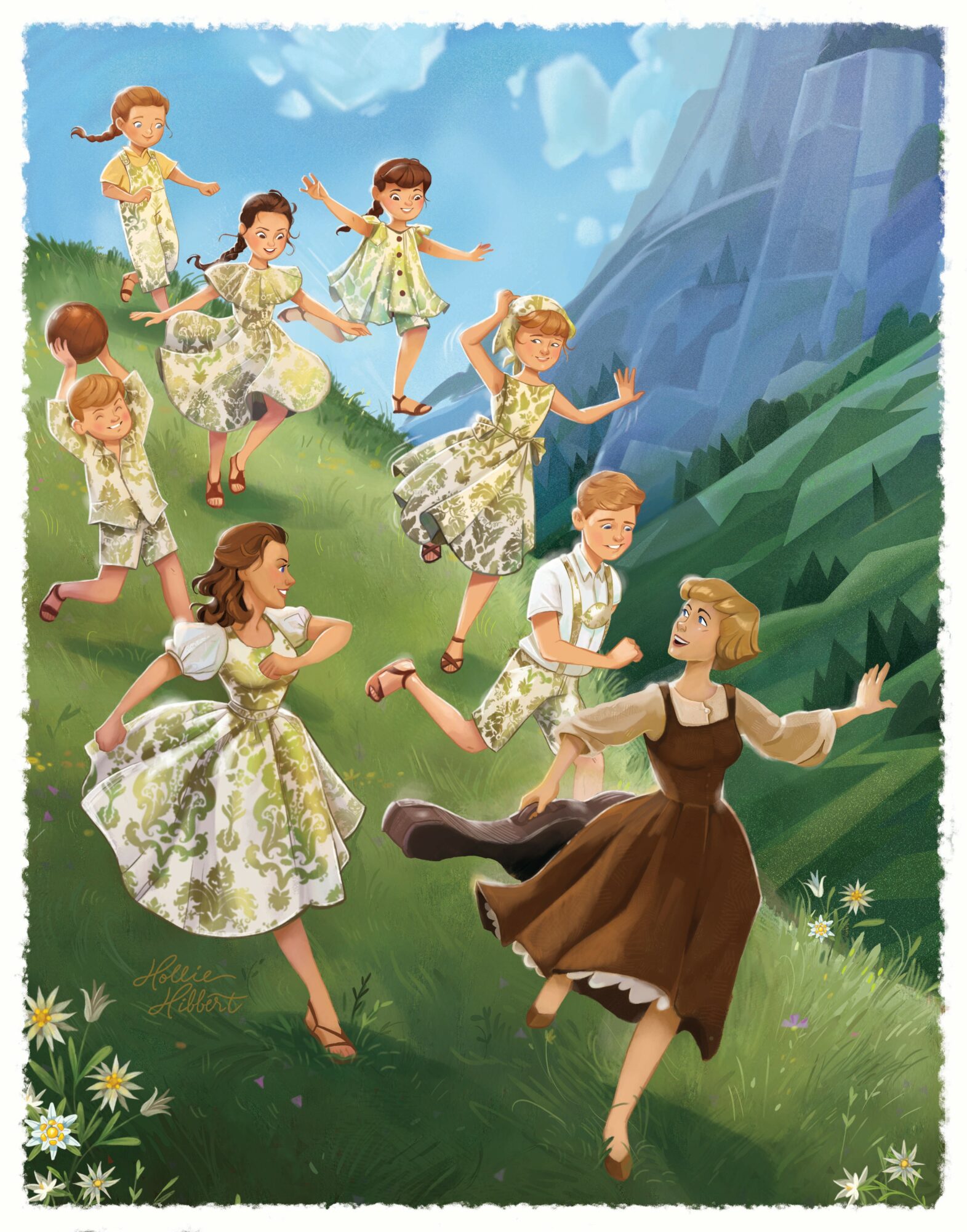 Group of children running outdoors on grass with mountains and sky in background, some wearing floral dresses, one woman in brown dress.