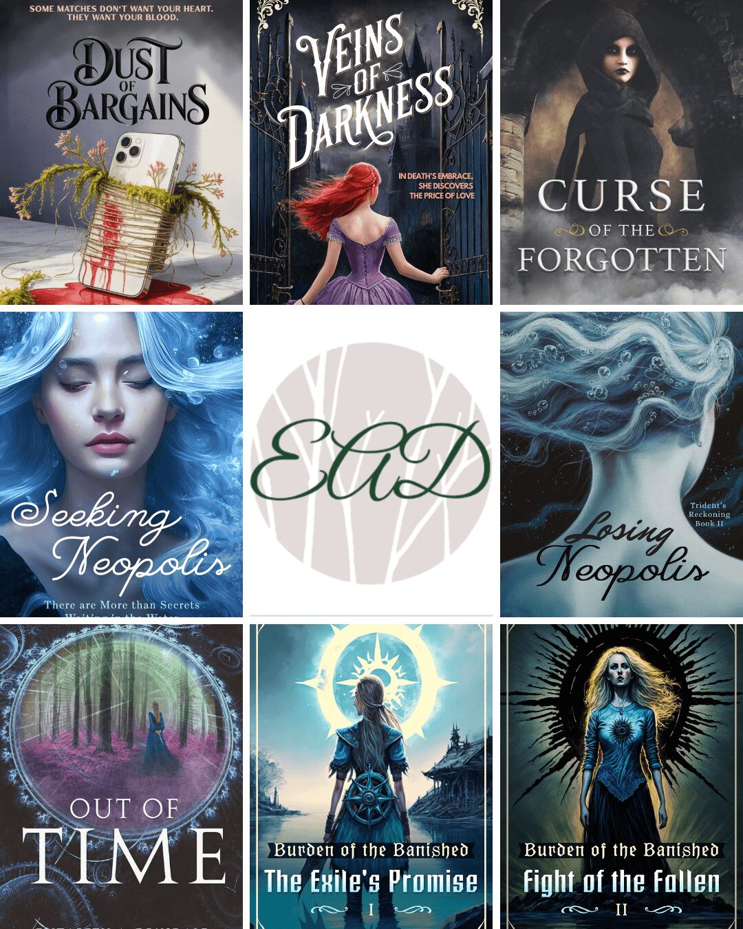 Six book covers arranged in two rows, featuring fantasy and supernatural themes with characters and mystical imagery.