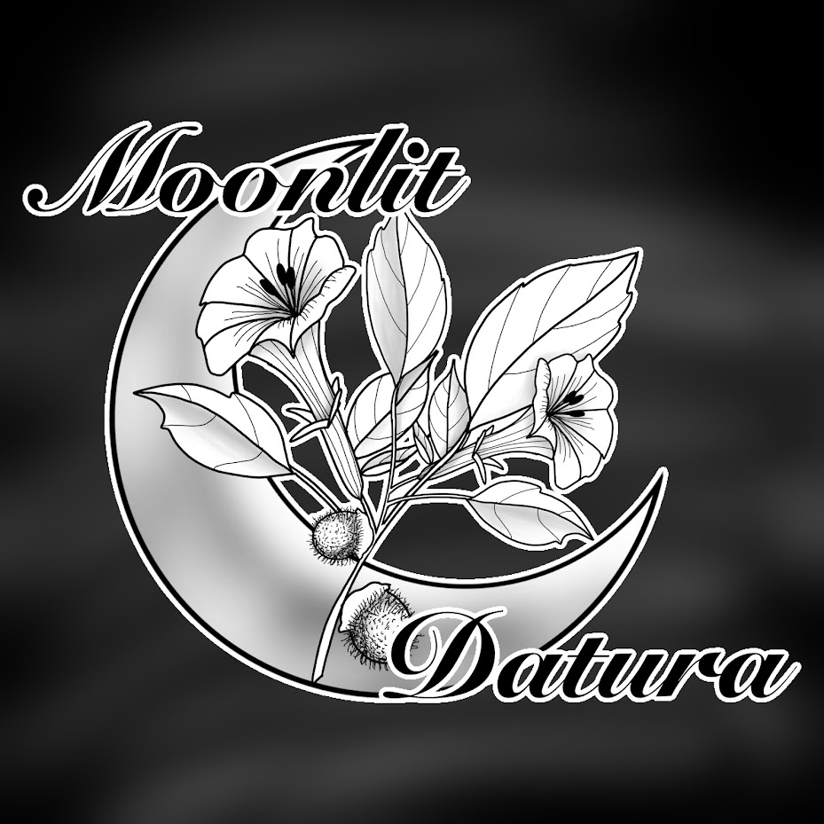 Design with flowers, a crescent moon, and text reading 'Moonlit Datura' in elegant script.