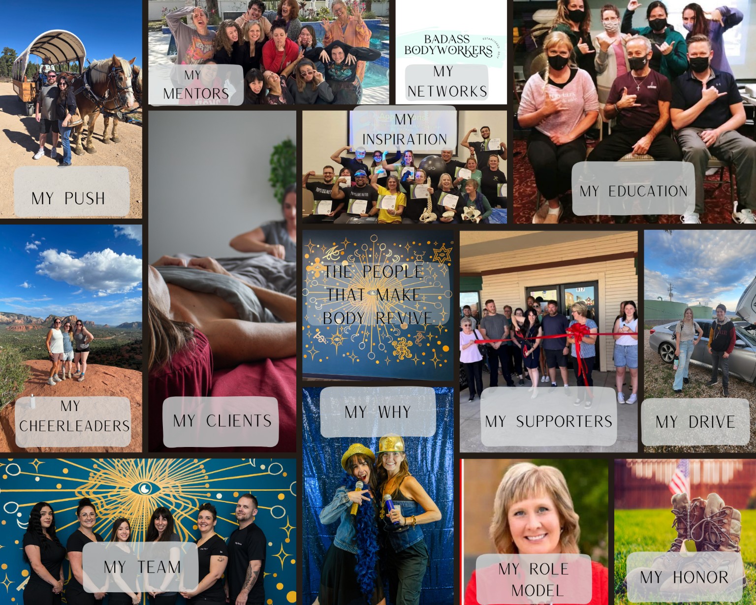 Collage of people in various activities, including group photos, outdoor scenes, and people working or supporting each other, with text labels.