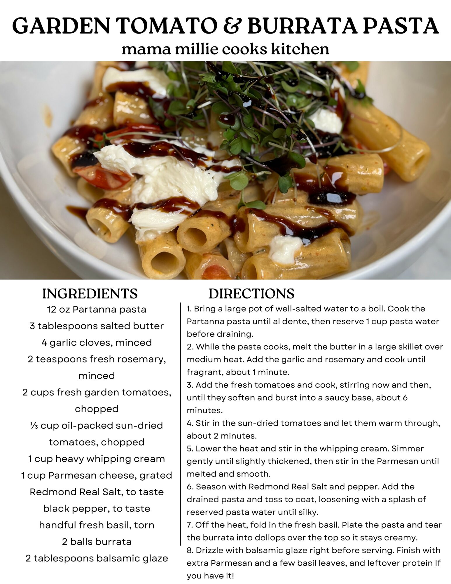 Pasta with tomato and burrata cheese, topped with greens and drizzled with sauce in a white bowl.