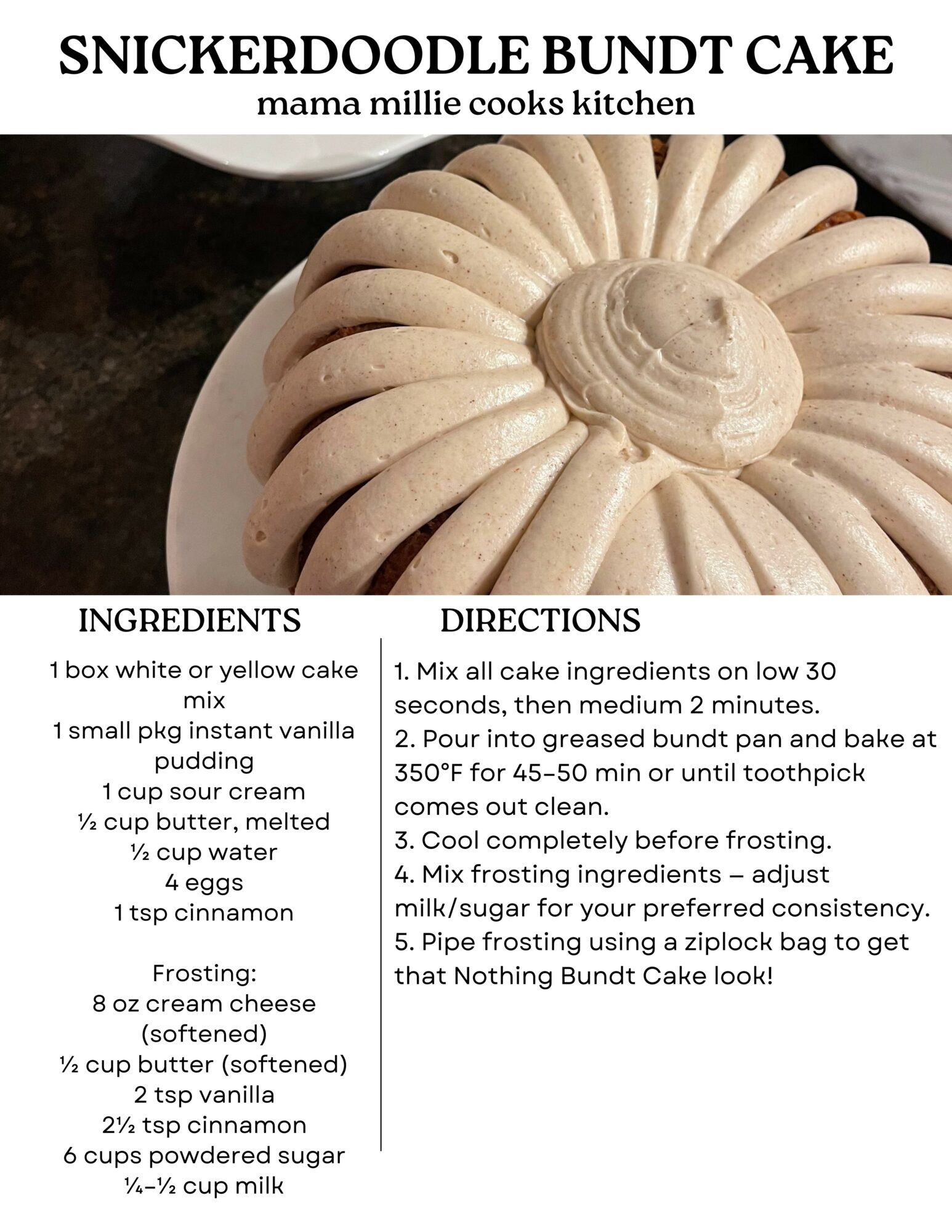 Round cake decorated with piped frosting resembling a flower, with a circular center and petal-like shapes around it.