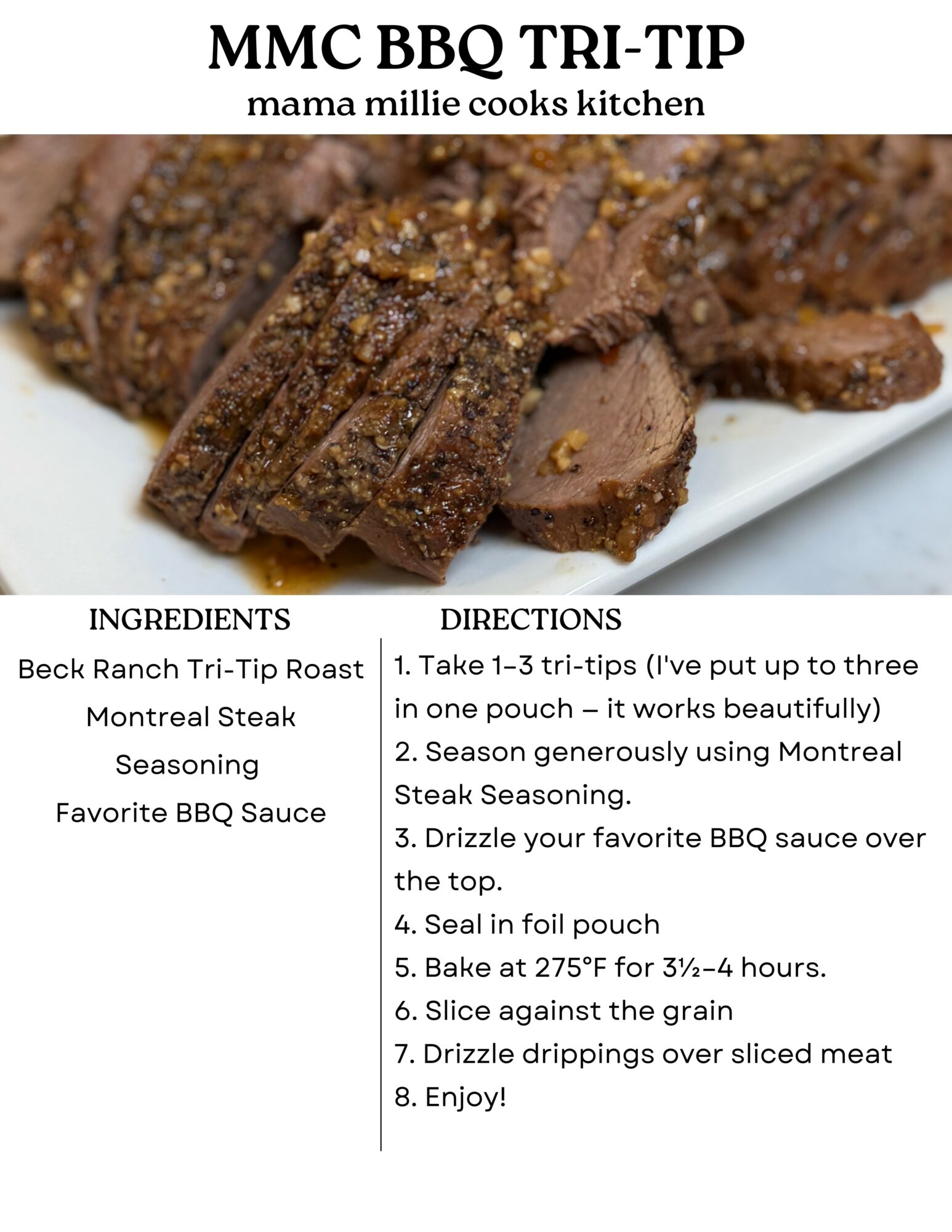 Close-up of cooked meat slices on a white plate, with text listing ingredients and directions for a BBQ recipe.