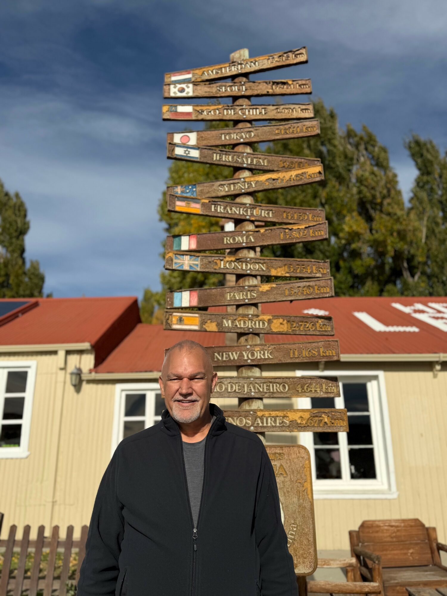 Man standing outdoors in front of a tall wooden signpost with multiple directional signs, houses, and trees in the background.
