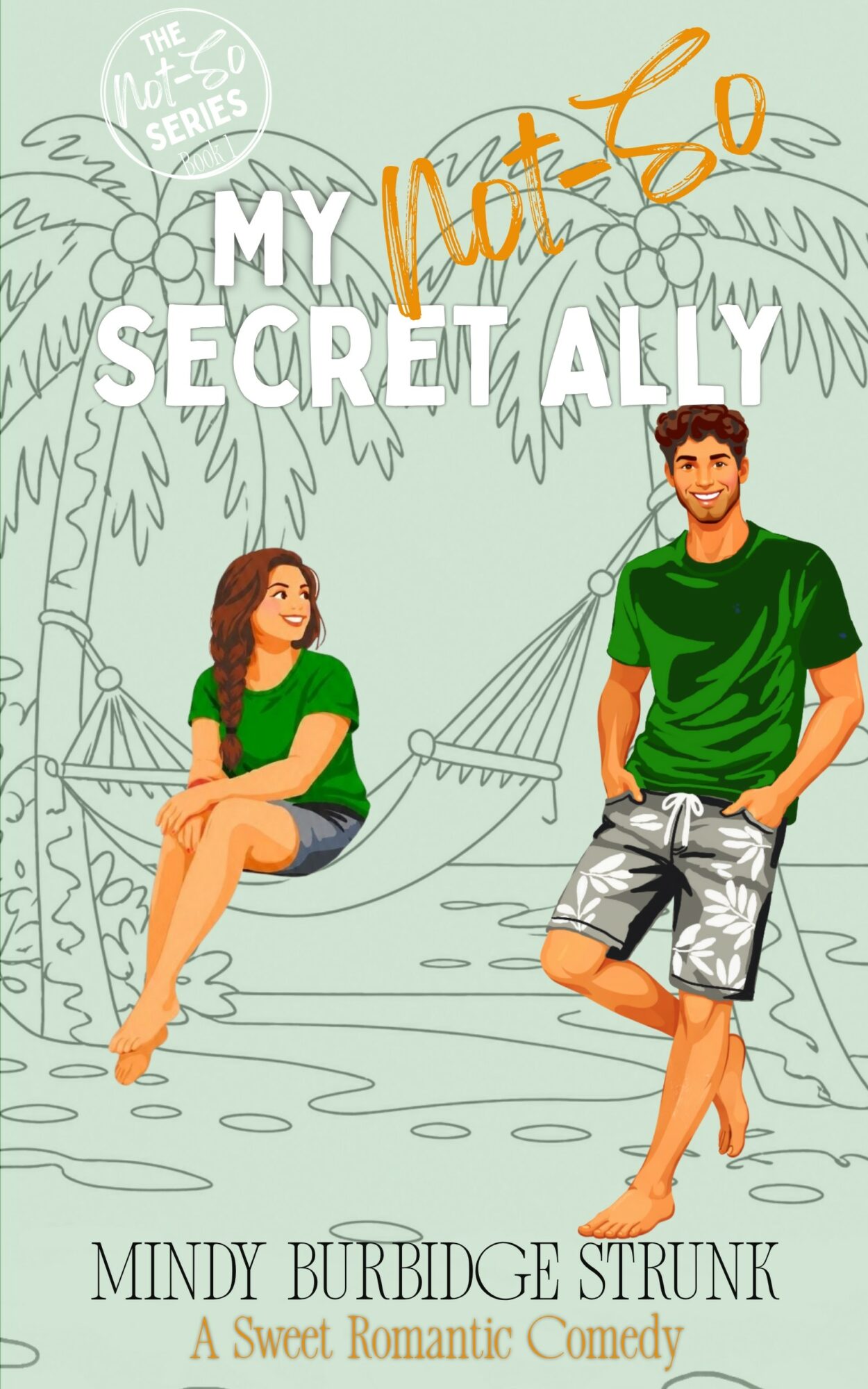 Two young people in green shirts and shorts on a tropical beach with palm trees and a hammock, smiling and relaxing.