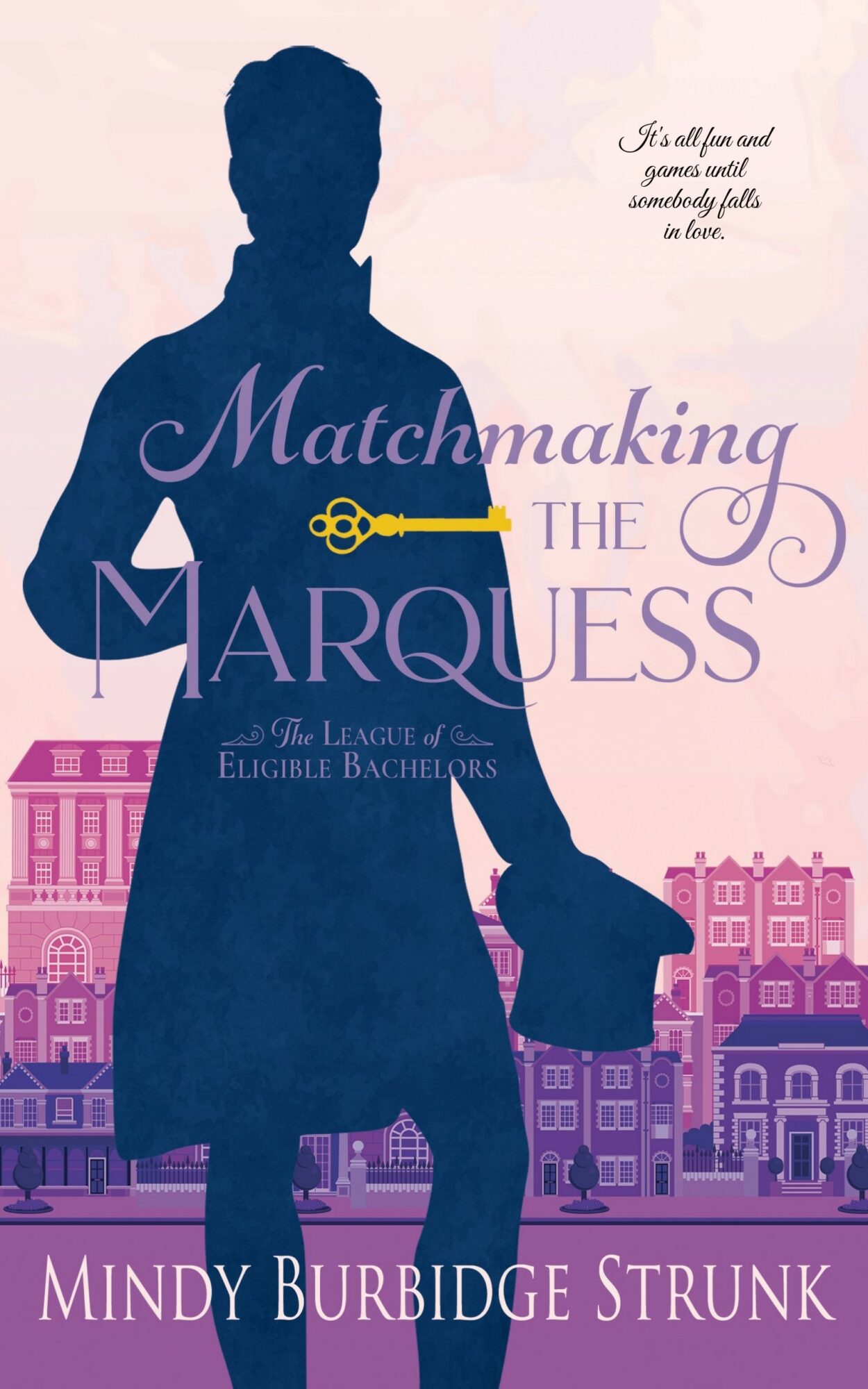 Silhouette of a woman holding a glass and a clutch, with pink and purple cityscape background, and text about matchmaking and the Marquess.