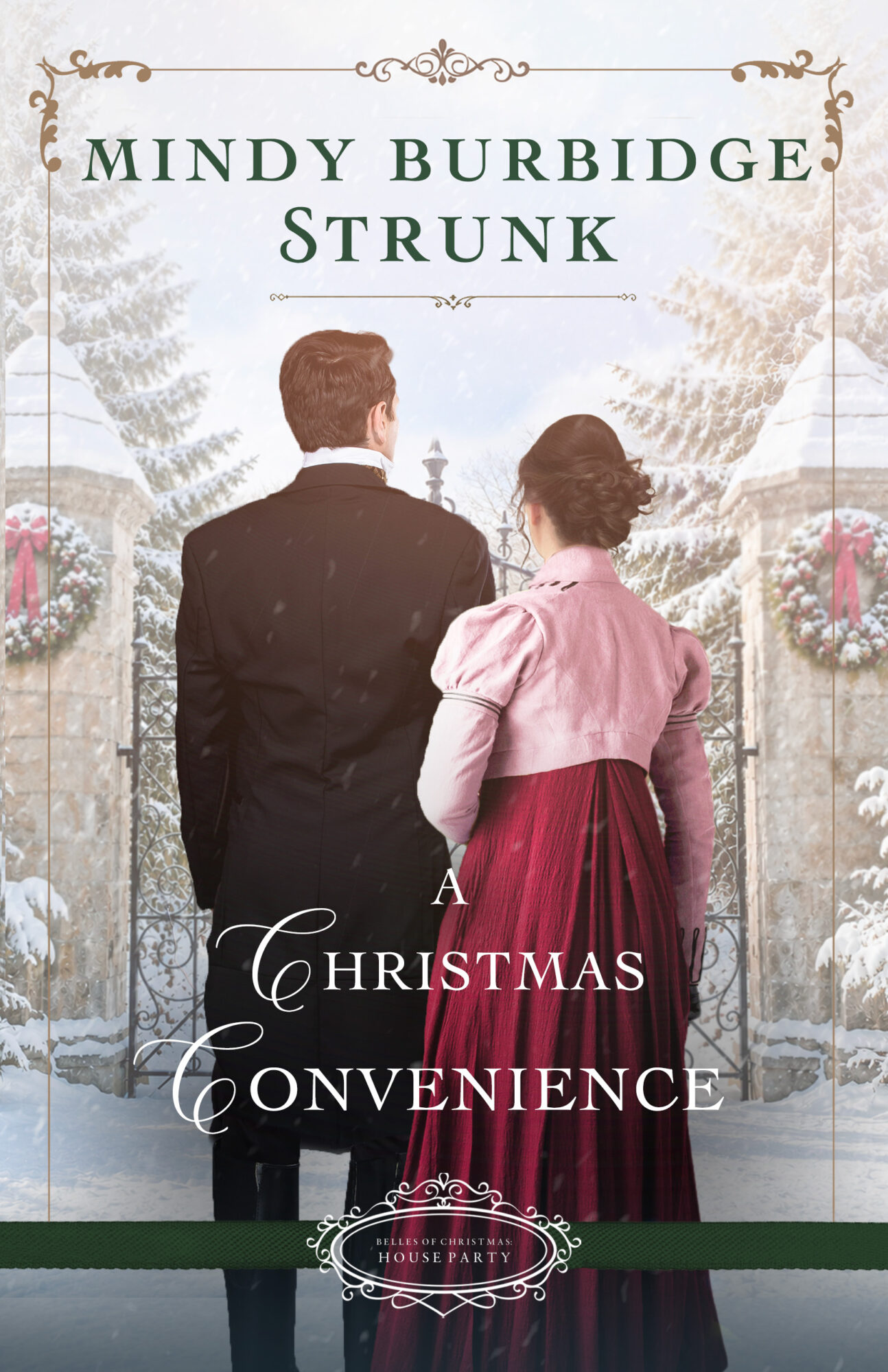 Back view of a man and woman walking outdoors in winter, with snow and decorated trees, book title and author above.