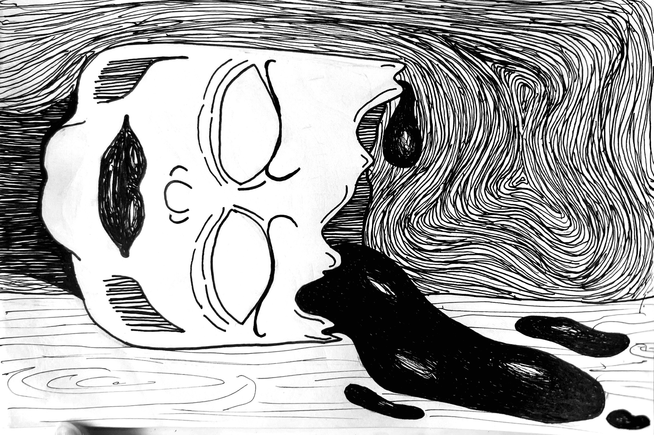 Black cat with a long tail approaches a stylized face with closed eyes and dark lips, drawn with flowing lines.