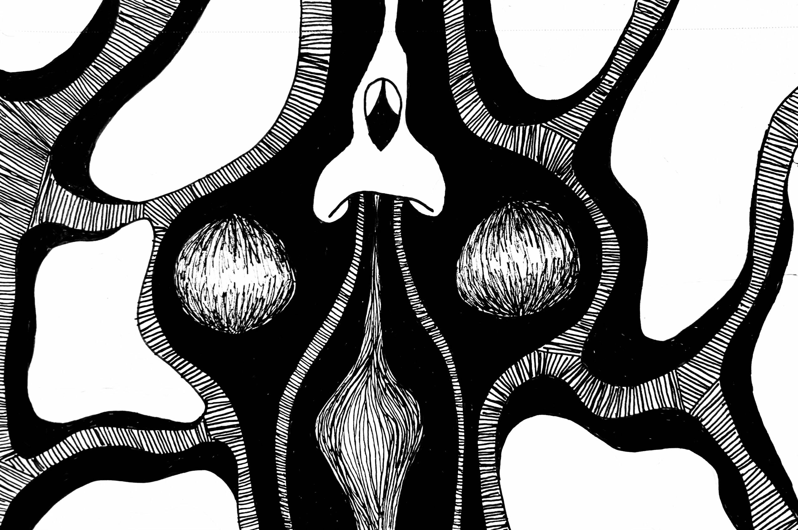 Black and white abstract illustration with symmetrical shapes resembling a face or mask, with circular and curved elements.