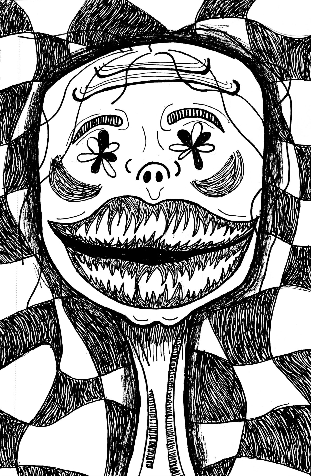 A black and white drawing of a face with exaggerated features, including large teeth, flower-shaped eyes, and a checkered background.
