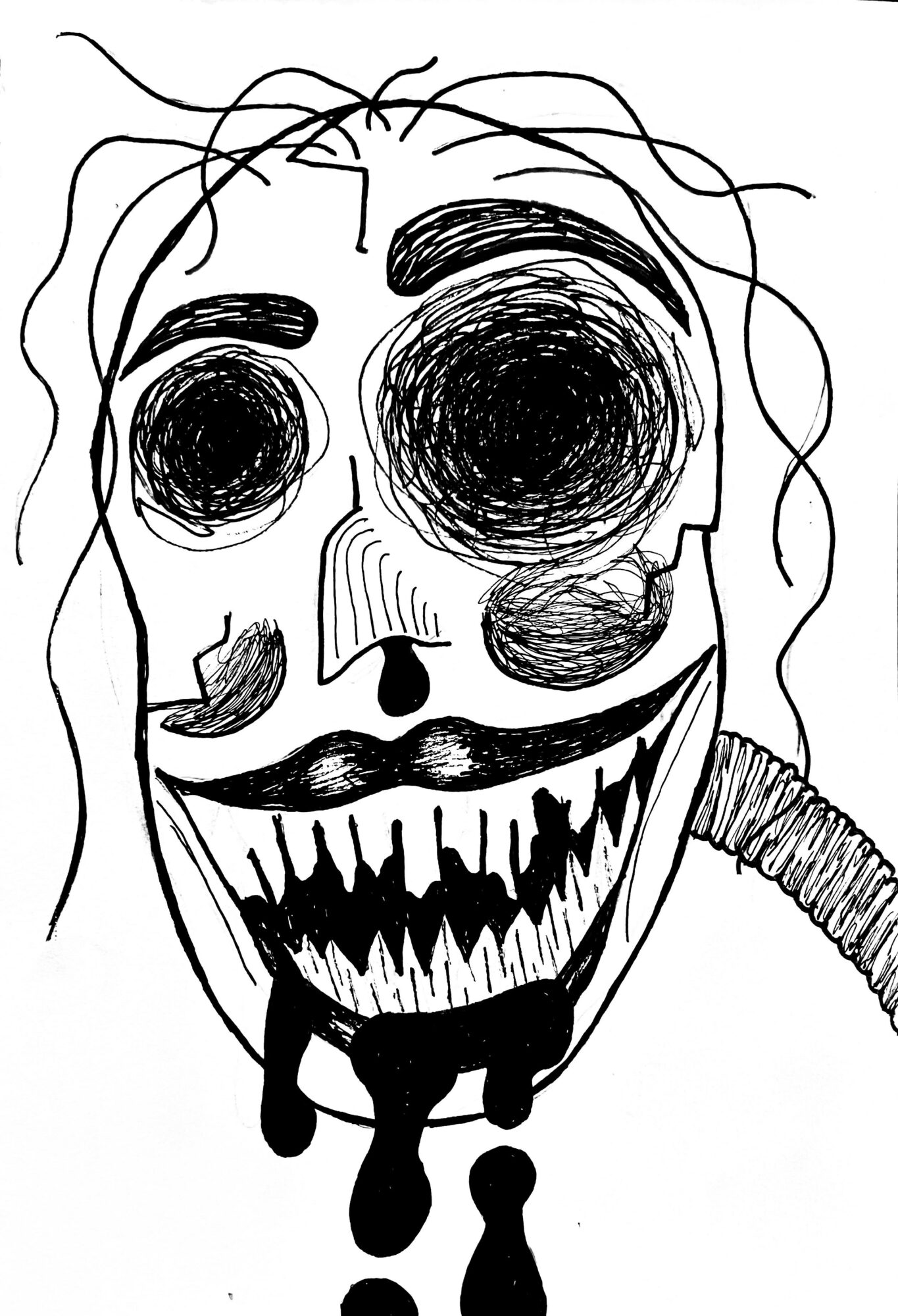 A black and white drawing of a skull with exaggerated features, including large eye sockets, a mustache, and sharp teeth.