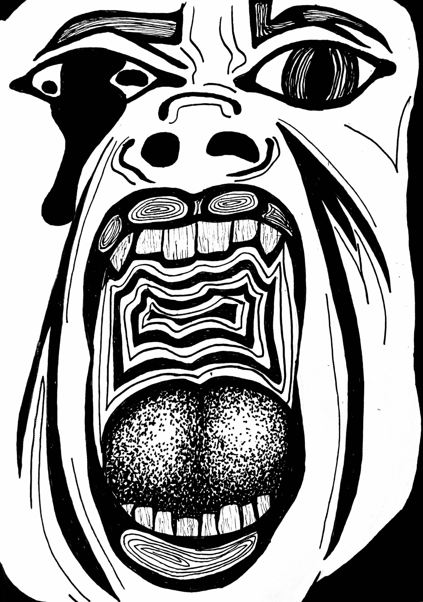 A black and white abstract face with exaggerated features, open mouth, and wide eyes.