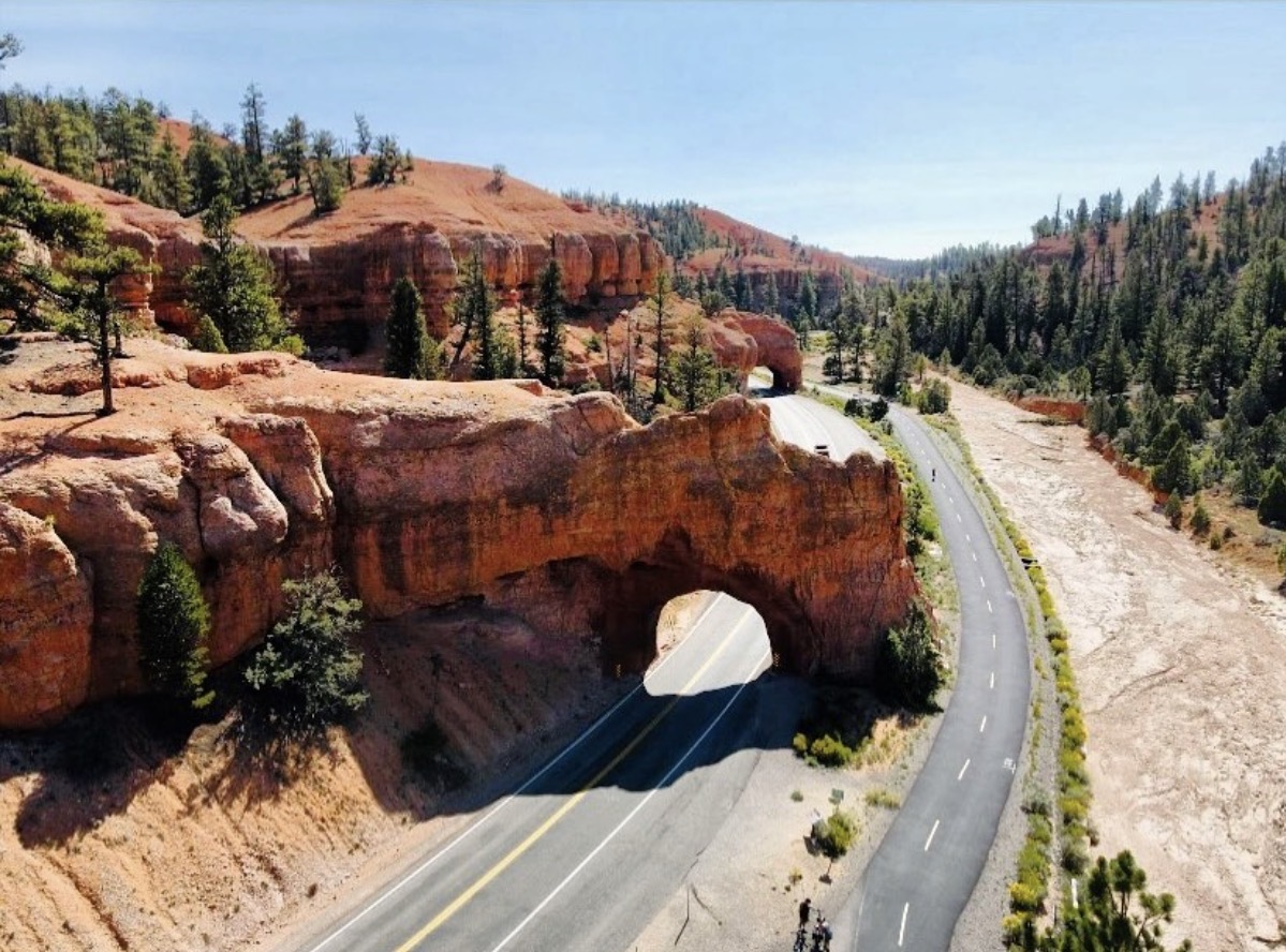 Road passing under a natural rock arch in a desert landscape with red rock formations and trees.