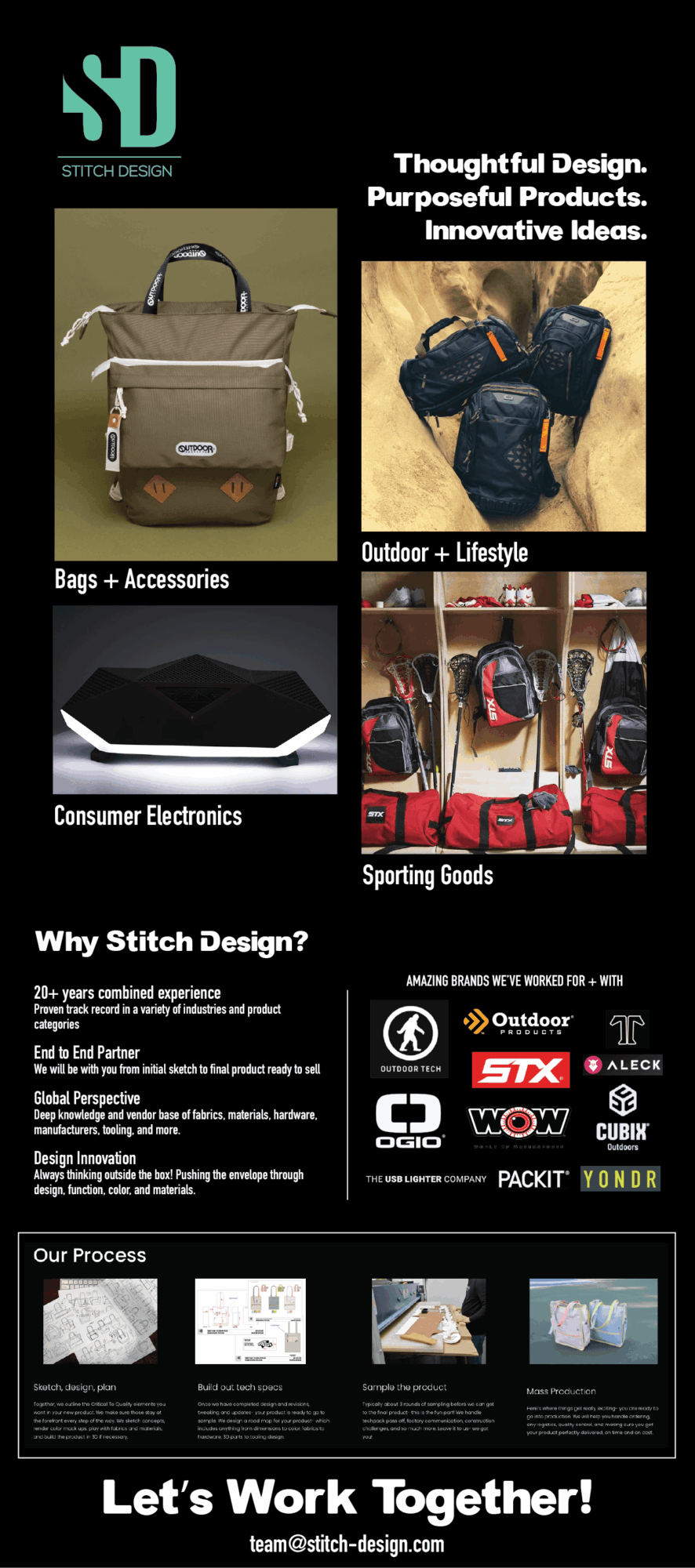 Collage of four images showing backpacks, electronics, and sports gear with text about design and collaboration.
