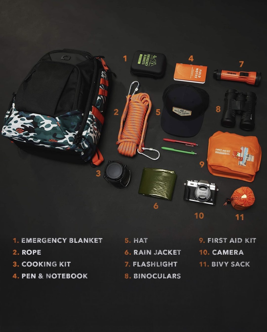 Backpack with emergency supplies including rope, cooking kit, pen, notebook, hat, rain jacket, flashlight, binoculars, first aid kit, camera, bivvy sack, and other items.