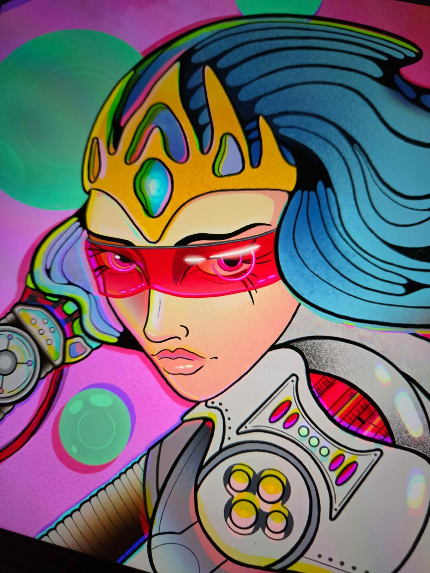 A colorful, futuristic illustration of a person with blue hair, wearing red glasses, and a high-tech suit with a control panel.