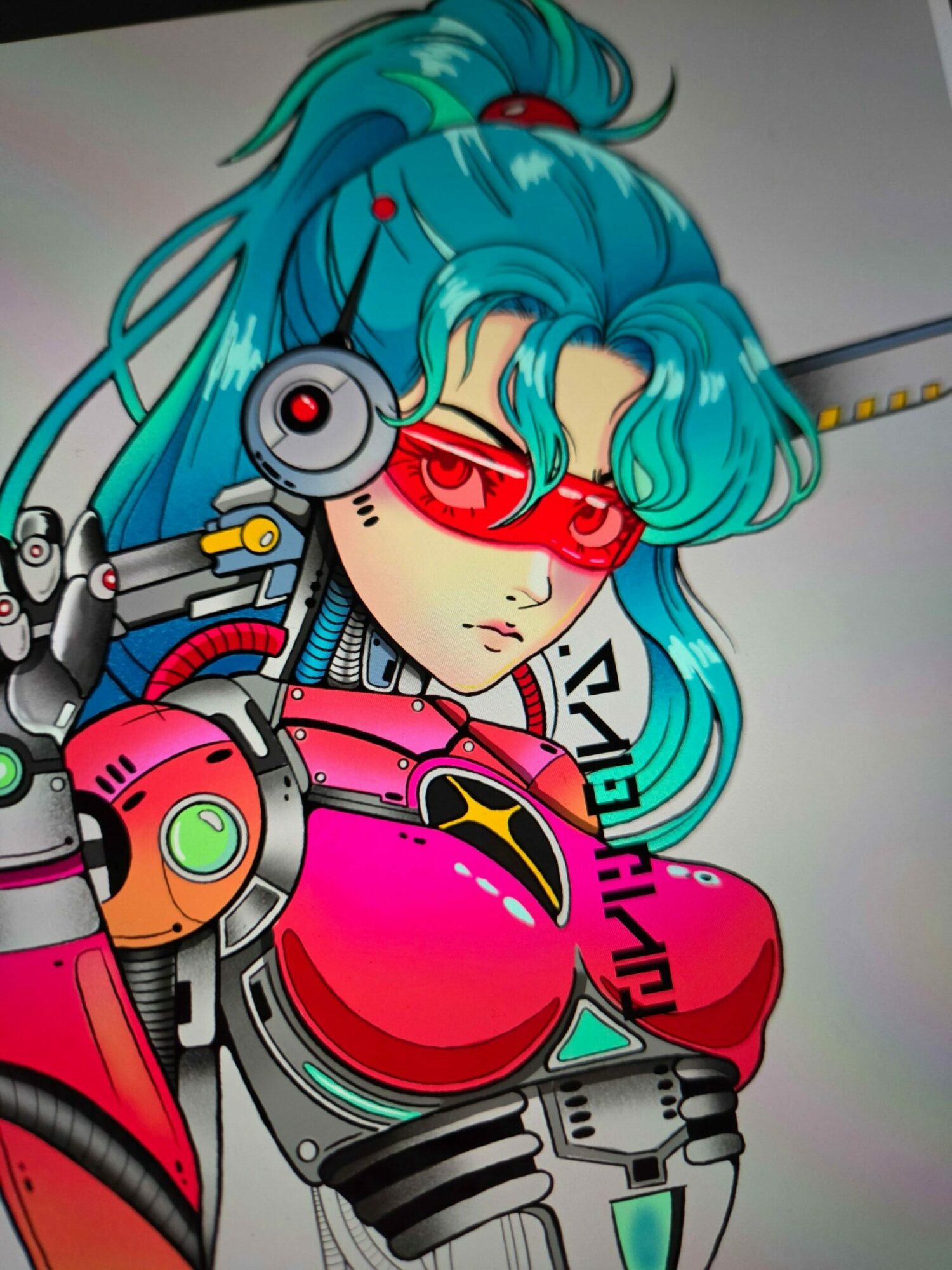 A futuristic female character with blue hair, wearing red glasses, a pink and black suit, and high-tech gear, lying down.