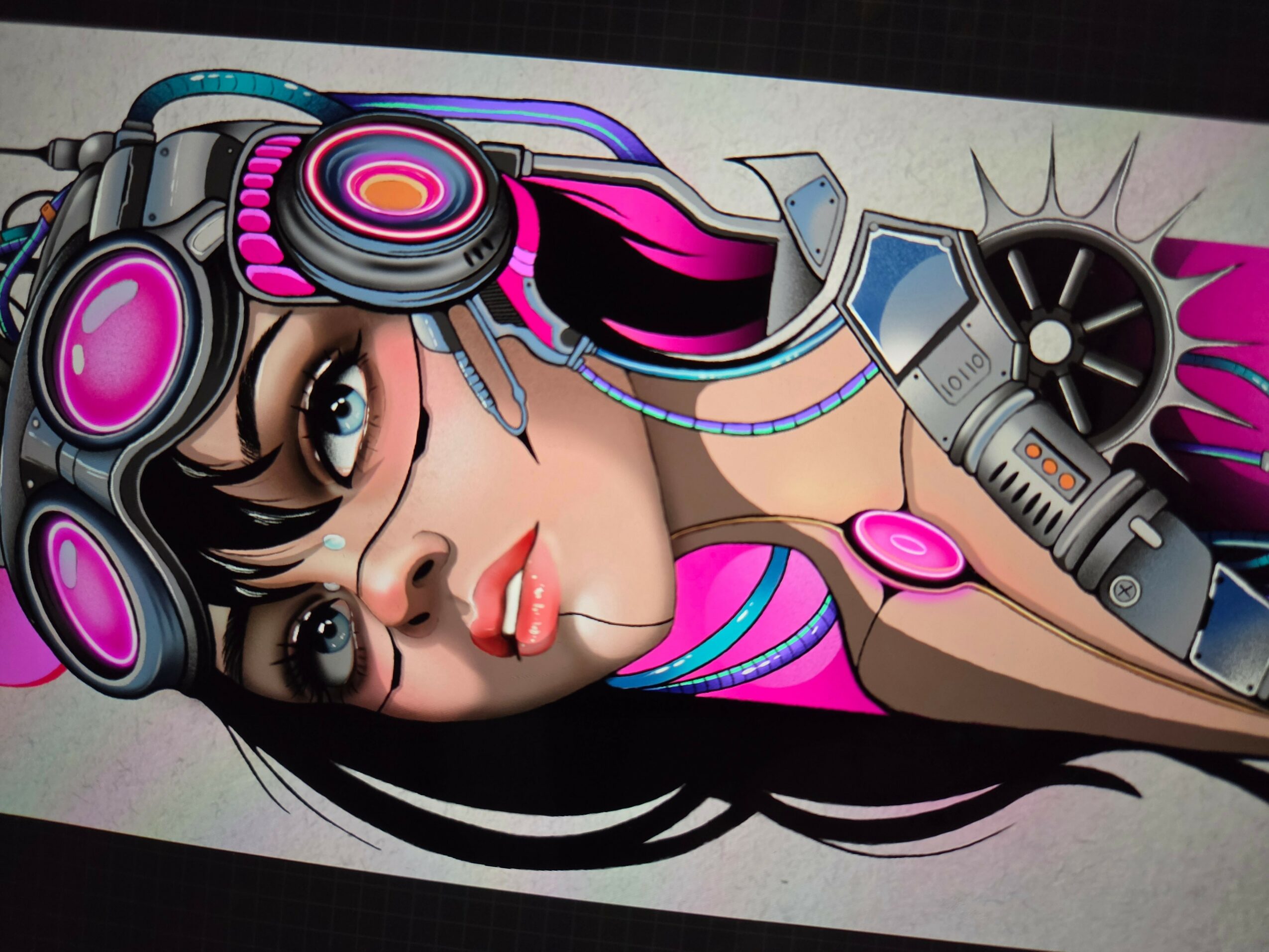 A woman with long black hair wearing futuristic headphones and a pink and blue outfit, with a robotic arm and glowing elements.