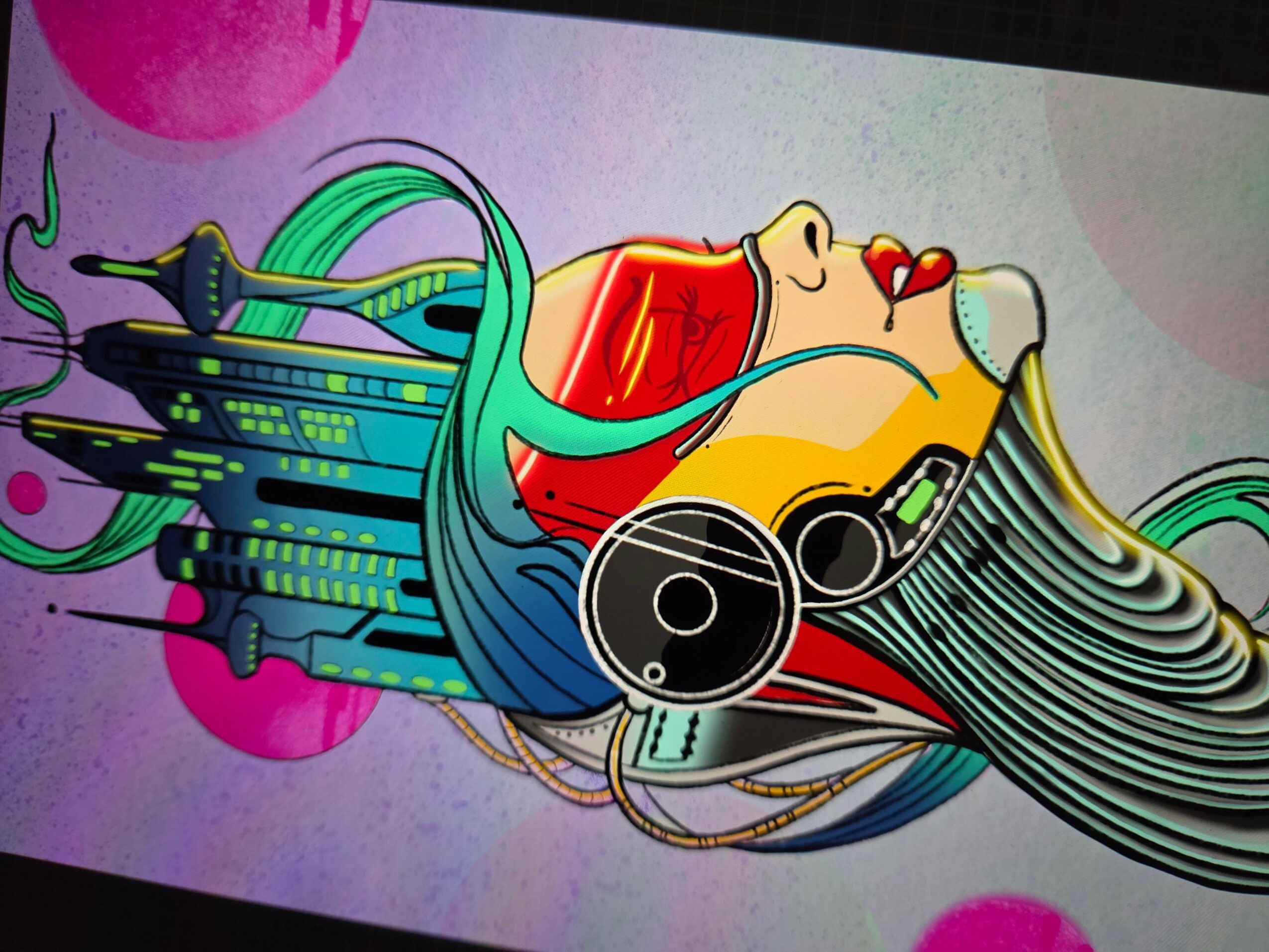 A stylized illustration of a woman's face with colorful, flowing hair and abstract technological elements, in a digital art style.