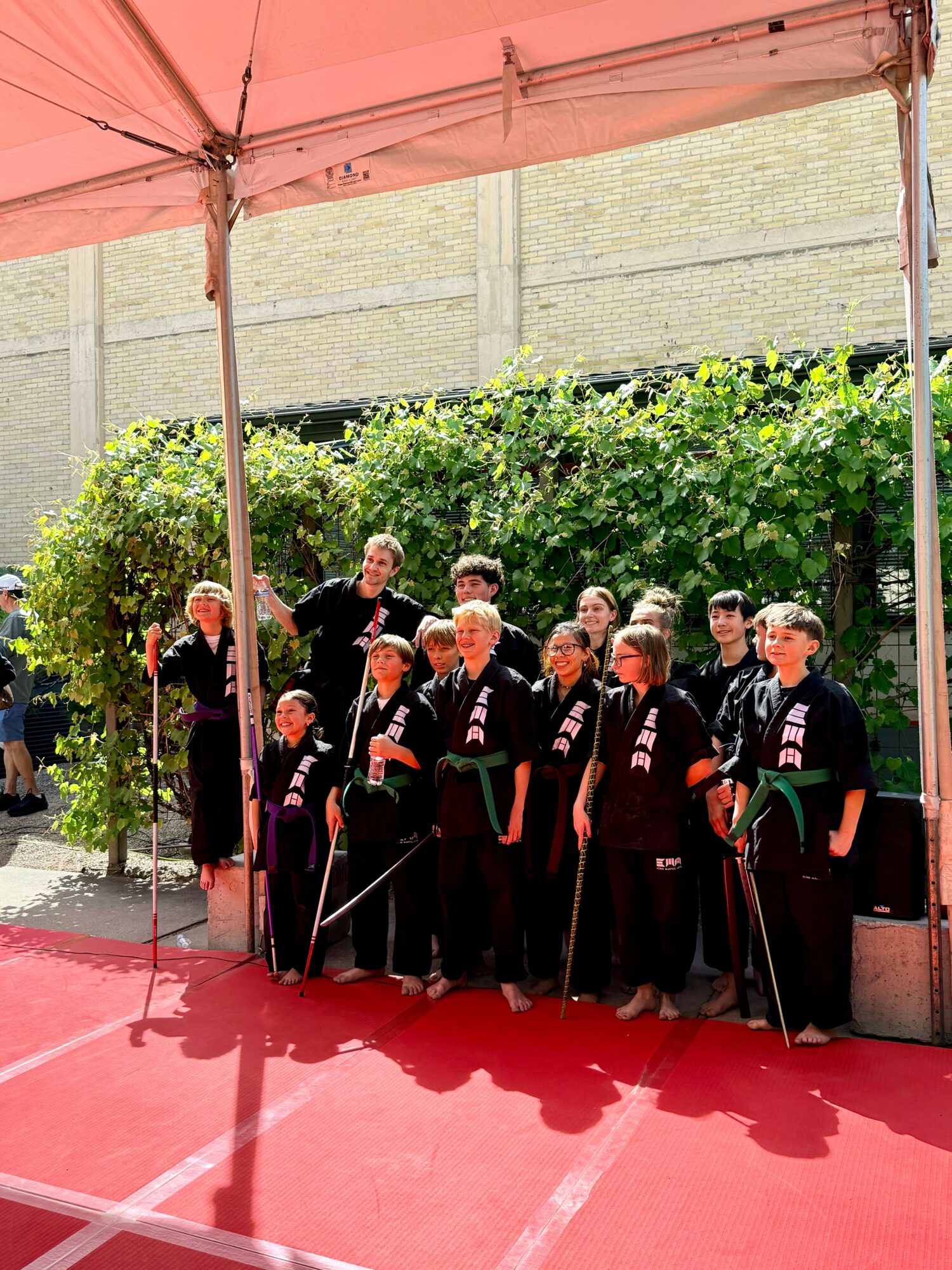 Group of people in martial arts uniforms standing on a red carpet outdoors, under a pink canopy with greenery in background.