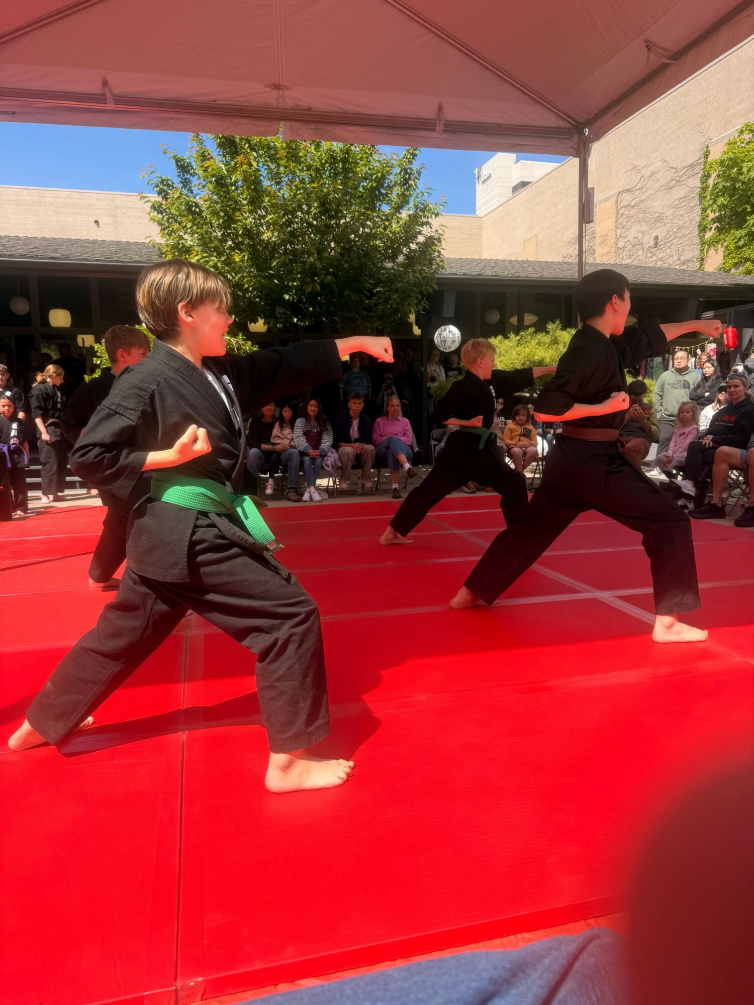 Martial arts demonstration outdoors with two practitioners in black uniforms, one with a green belt, performing on a red mat.
