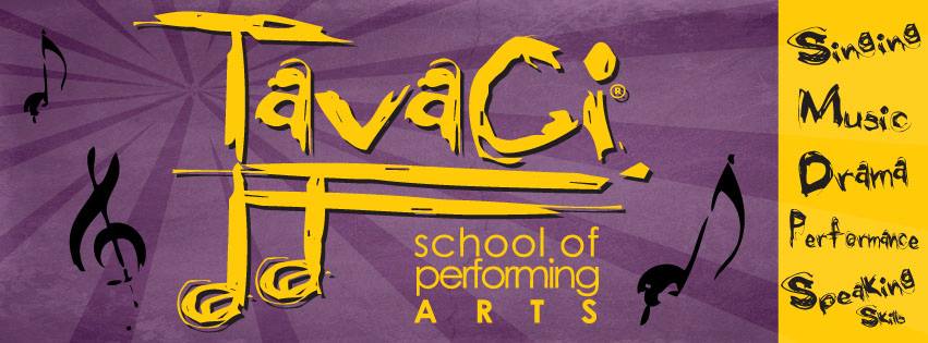 Purple background with yellow text for TavaQi school of performing arts, musical notes, and black silhouettes of musical symbols.