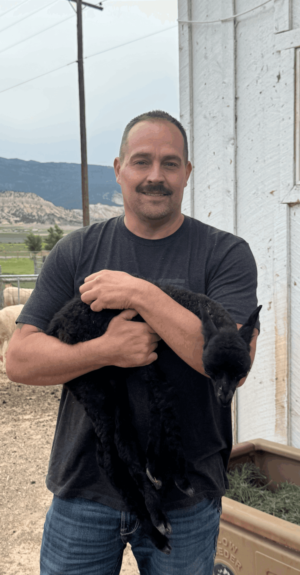 Man holding a black cat outdoors near a white building, with a landscape and mountains in the background.